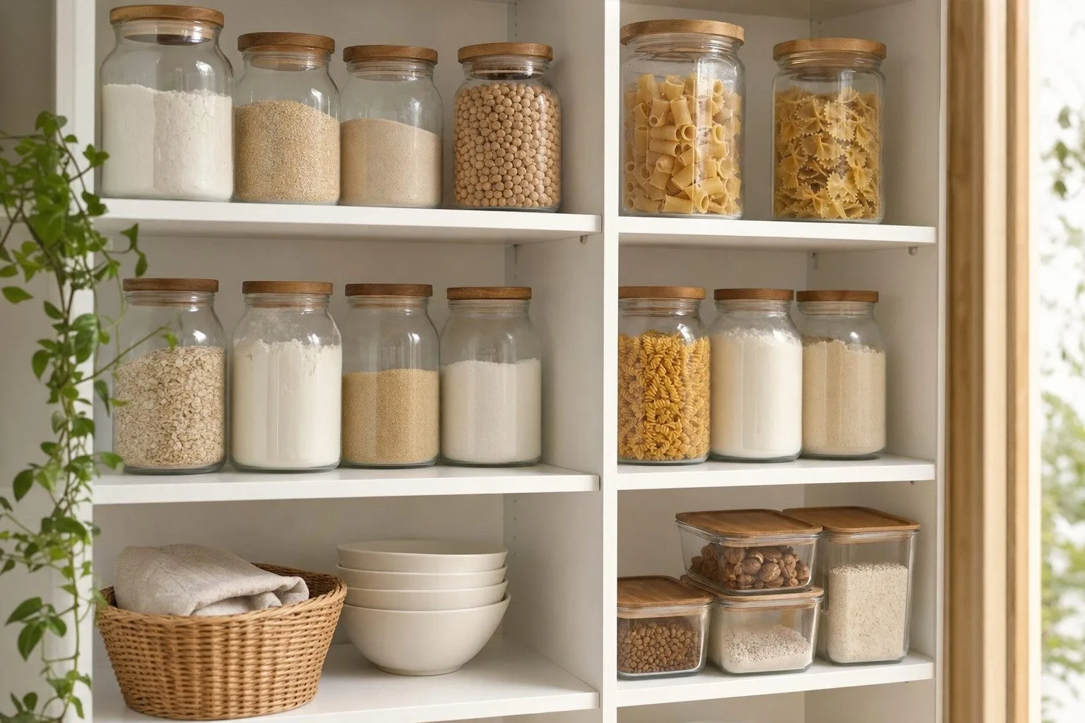 Dispensa domestica con alimenti secchi in vasetti di vetro chiusi